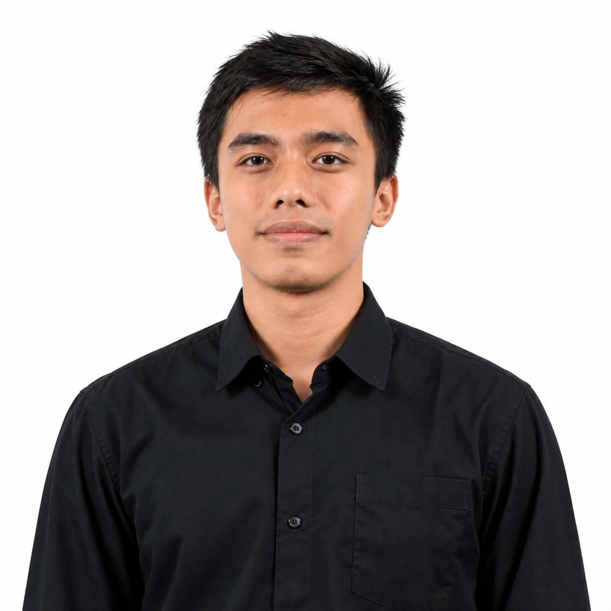 Umar facing forward with a serious expression, wearing a black shirt